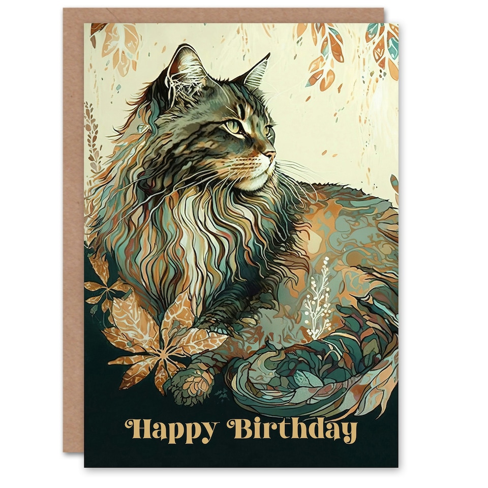 image 1 of Happy Birthday Maine Coon Cat with Leaf Pattern Birthday Card