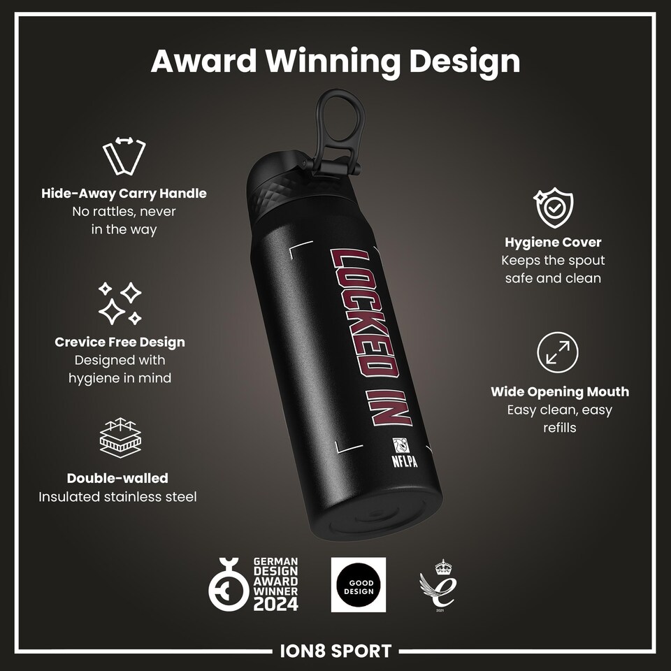 image 1 of NFL x Sports, Vacuum Insulated Steel Bottle, Series, 750ml (24oz) | Black | NFLPA Locked In Jayden Daniels | One Size