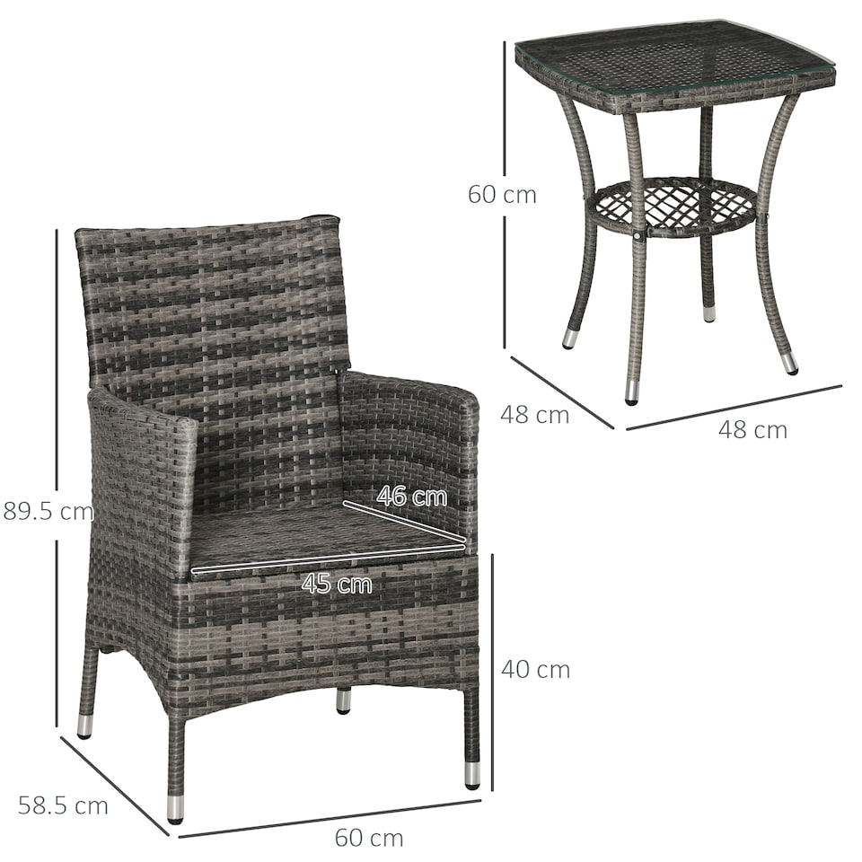 image 1 of Outsunny 3 Pieces Rattan Bistro Set, Wicker Garden Furniture Set with 2 Tier Coffee Table and Chairs, Washable Cushions, for Outdoor Patio Balcony, Mixed Grey
