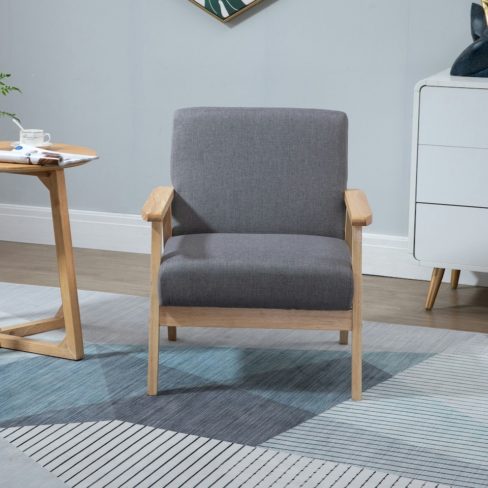 image 1 of HOMCOM Accent Chair with Wood Frame Wide Seat Linen Armchair Grey