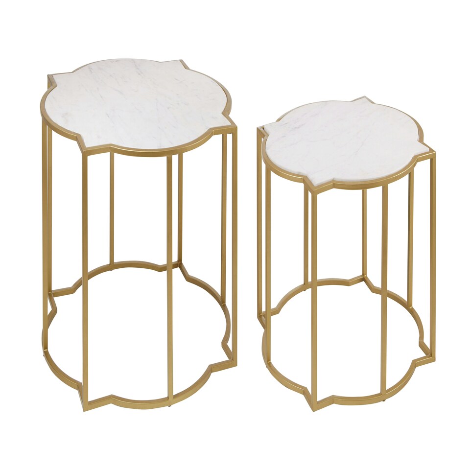 image 1 of Interiors by Premier Set Of 2 Tables With Quatrefoil Top, Brass Finish Bedside Table, Sleek Gold Metallic Nesting Table White