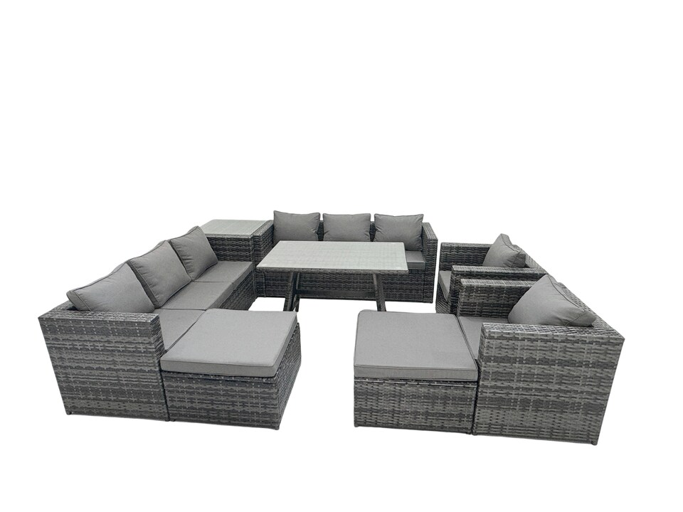 image 1 of Fimous Rattan Dining Table Sofa Set with Armchair Side Table 2 Big Footstools Outdoor 10 Seat Garden Furniture Set Dark Grey Mixed