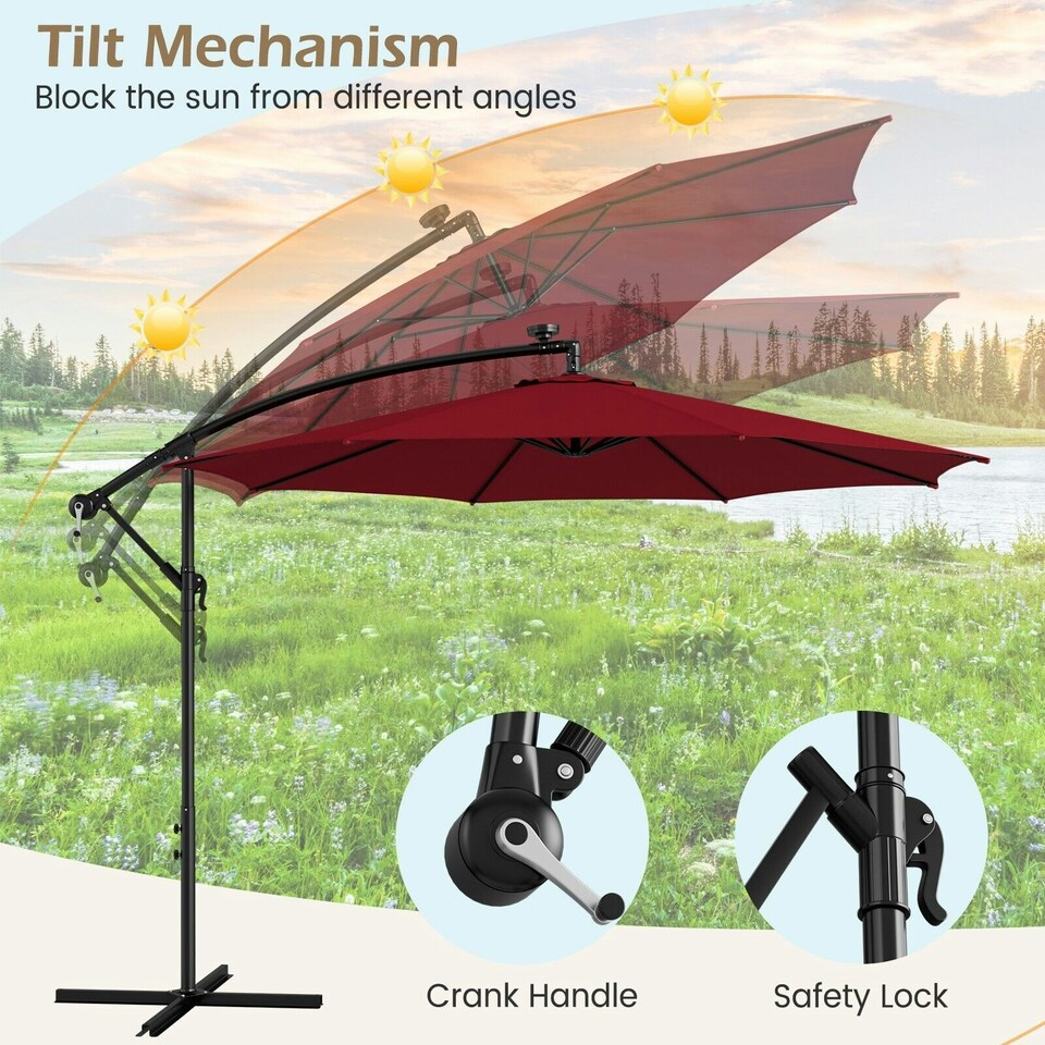 image 1 of COSTWAY 303 cm Patio Parasol Solar LED Cantilever Offset Umbrella Red