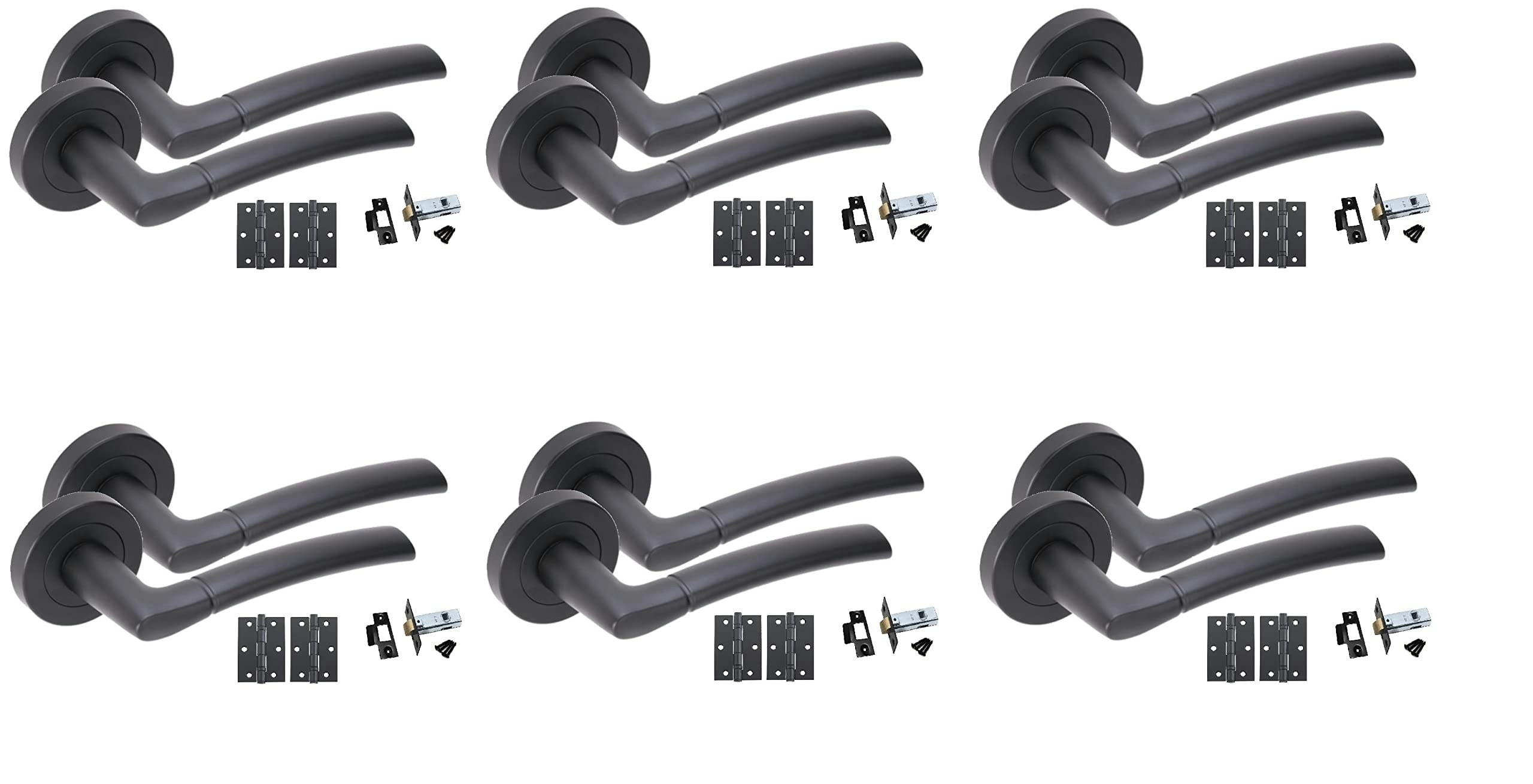Golden Grace 6 Pairs Indiana Style Modern Door Handles Lever Latch on Round Rose in Matt Black Finish with Latches and Ball Bearing Hinges Black 6 Pai