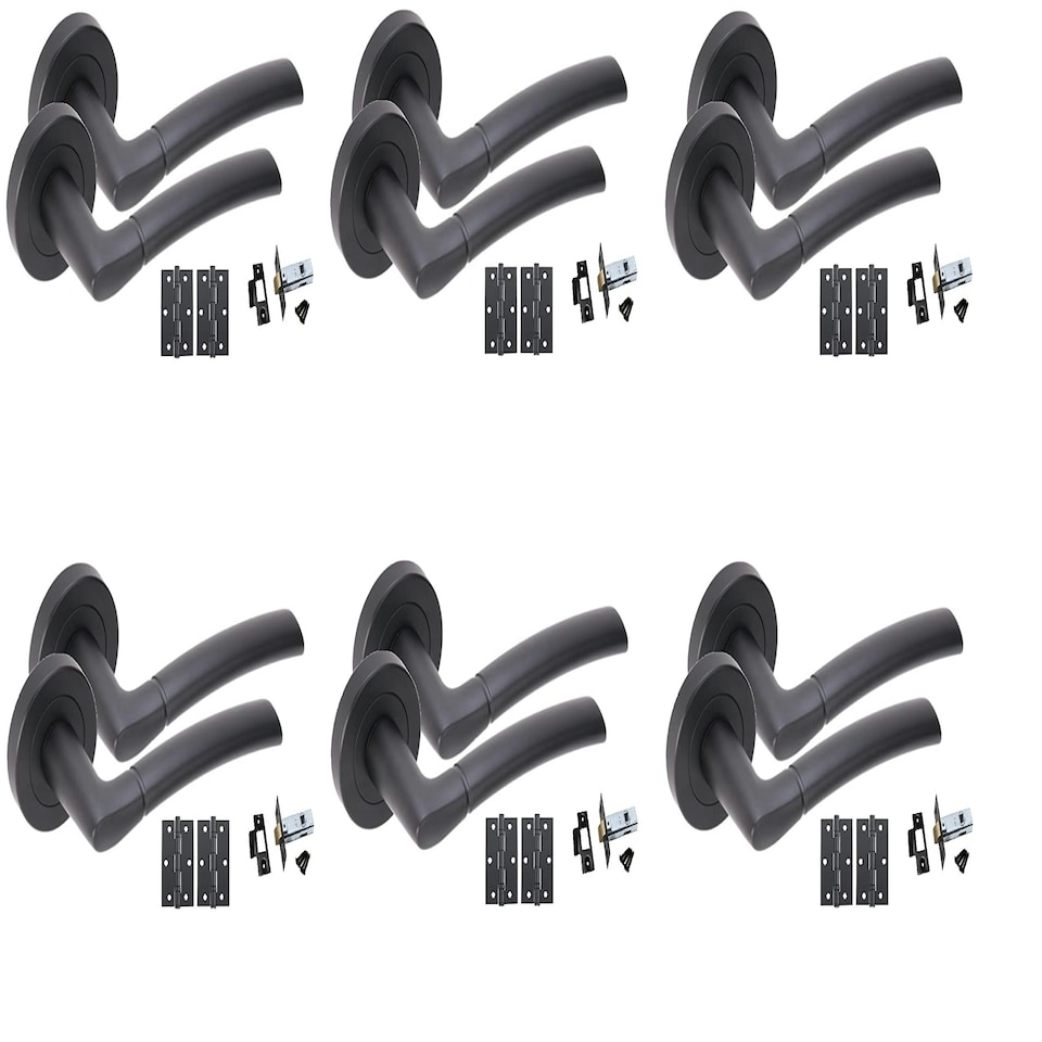 image 1 of Golden Grace 6 Pairs Indiana Style Modern Door Handles Lever Latch on Round Rose in Matt Black Finish with Latches and Ball Bearing Hinges | Black | 6 Pairs