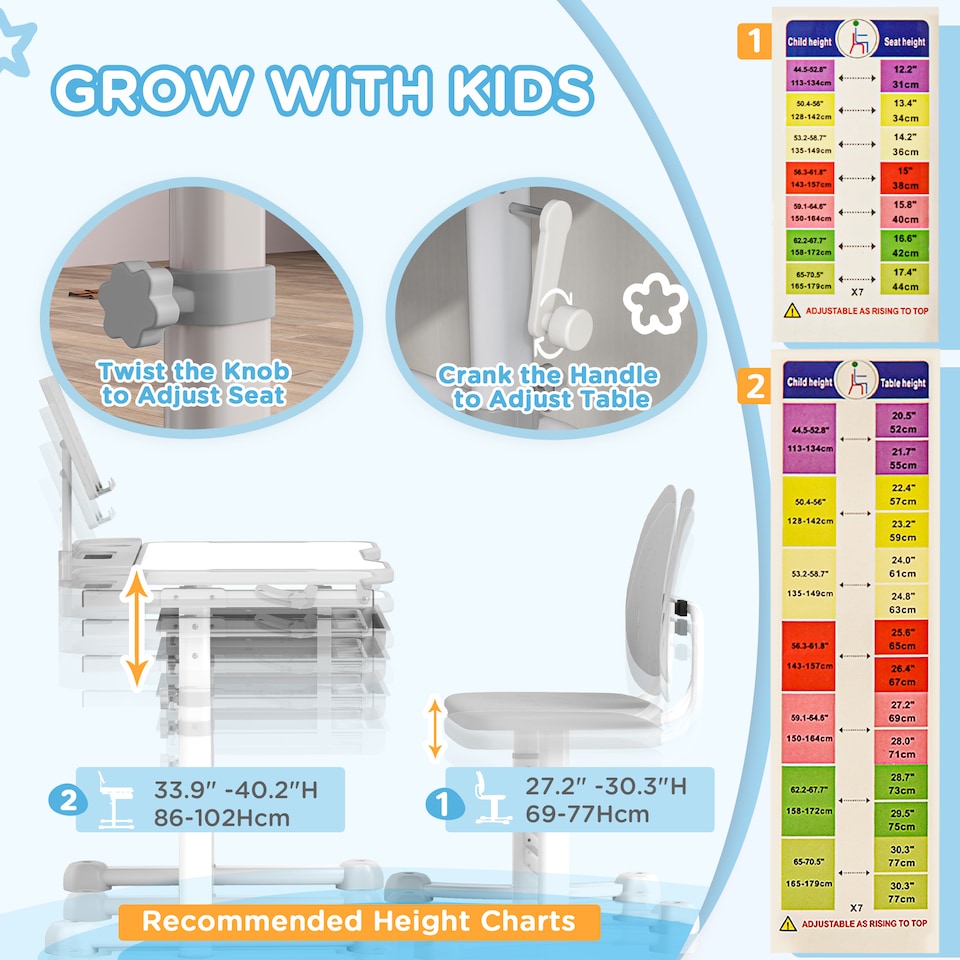 image 1 of AIYAPLAY Height Adjustable Kids Desk and Chair Set w Tilted Desktop | Grey