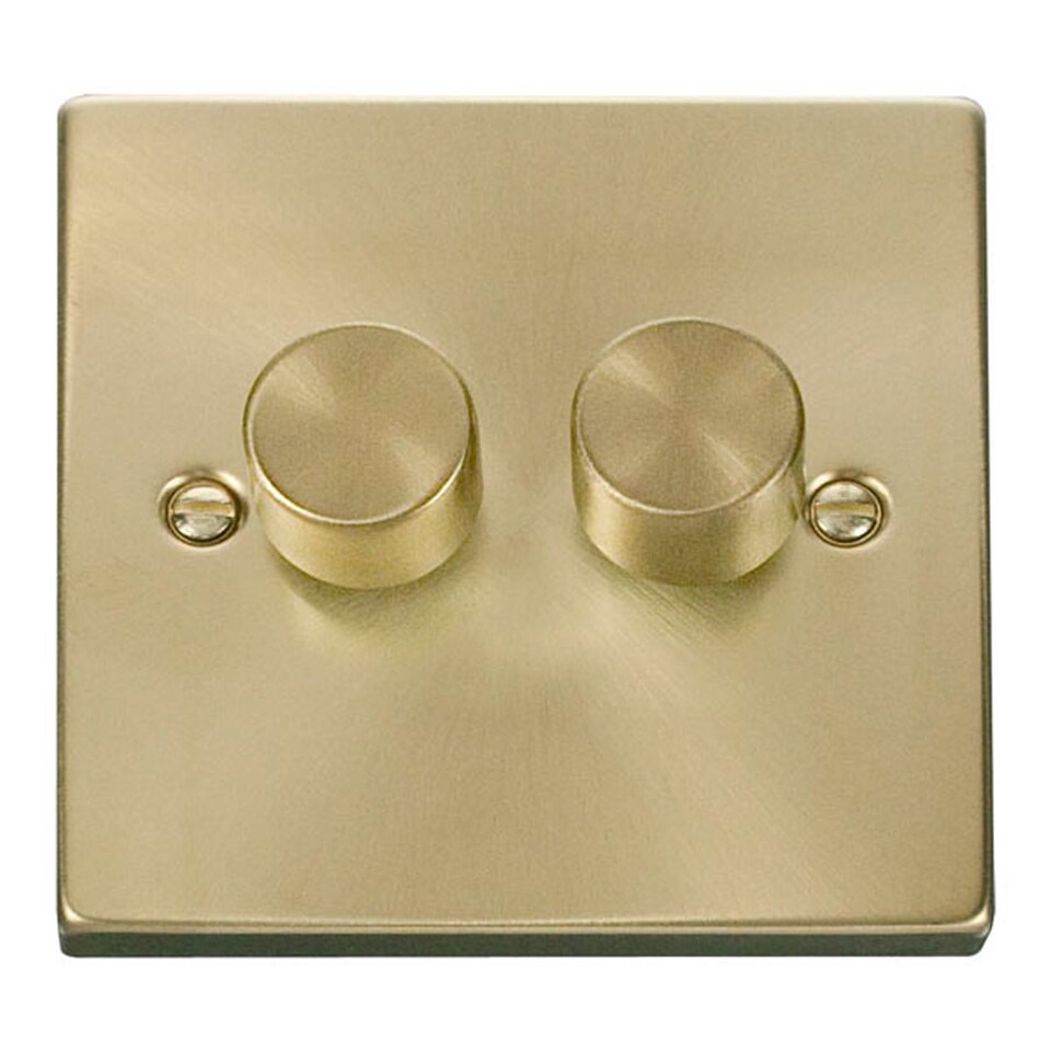 image 1 of SE HOME Satin Brushed Brass 2 Gang 2 Way LED 100W Trailing Edge Dimmer Light Switch | Gold | Satin Brass