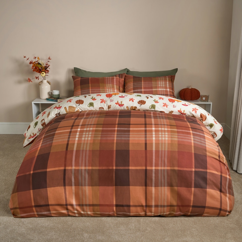 image 1 of OHS Autumnal Novelty Pumpkin Gonk Reversible Check Duvet Cover and Pillowcase Bedding Set Multi | Cream/Rust | Double