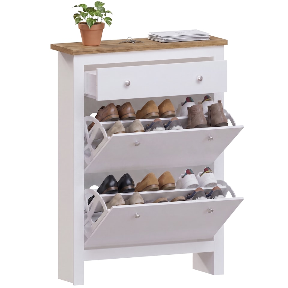 image 1 of Vida Designs Arlington 2 Door 1 Drawer Shoe Cabinet Shoe Rack Storage Cupboard, White & Oak | White | White | 1