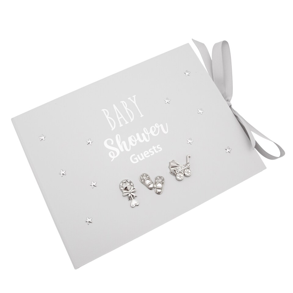 image 1 of Grey Baby Shower Guest Book with Silver Plated Rattle Pram and Booties