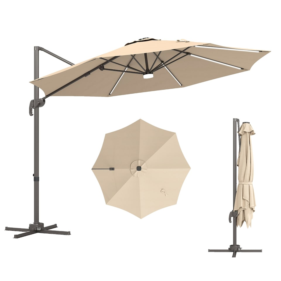 image 1 of Outsunny 3 m LED Cantilever Parasol Outdoor with Base Solar Lights Brown