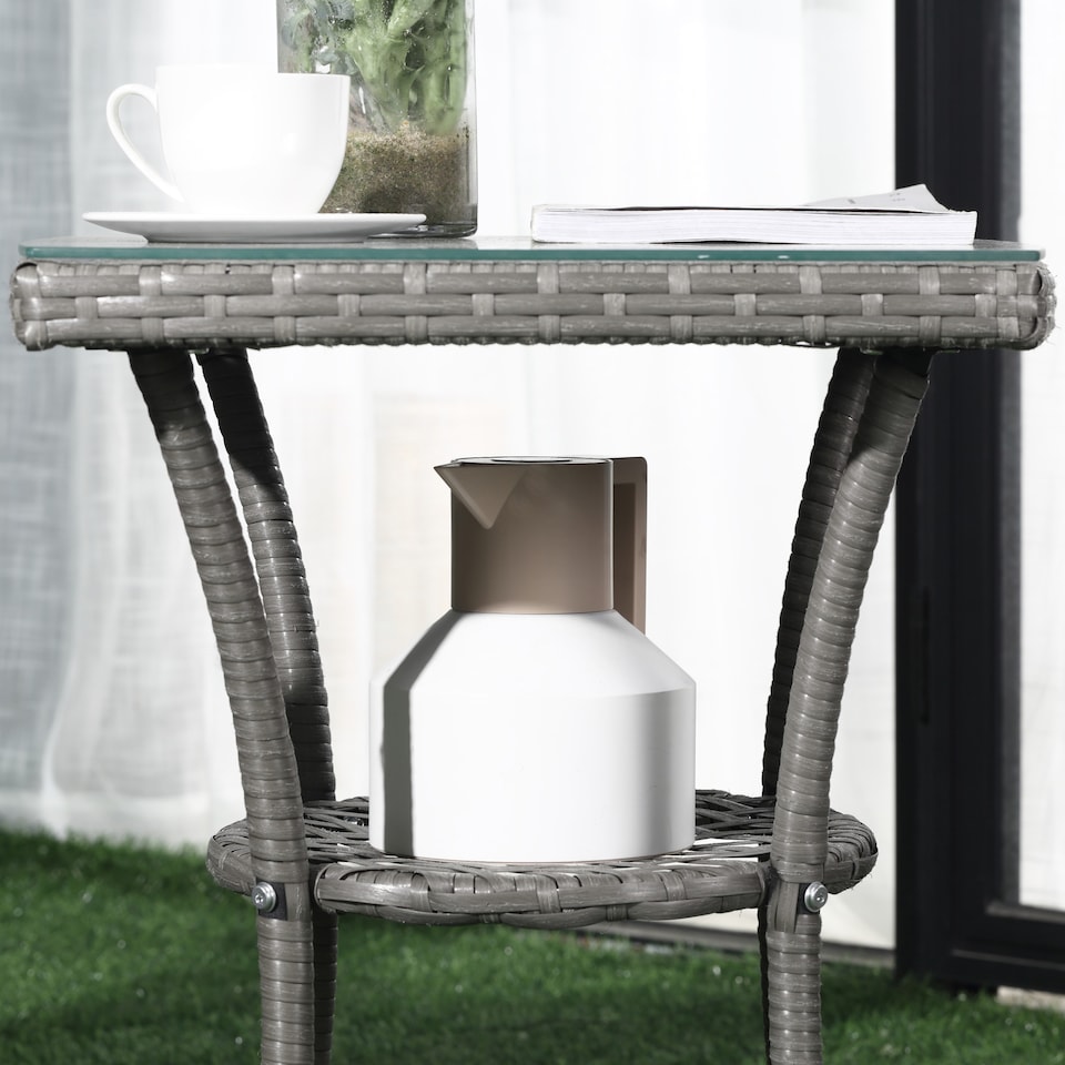 image 1 of Outsunny 3 Pieces Rattan Bistro Set, Wicker Garden Furniture Set with 2 Tier Coffee Table and Chairs, Washable Cushions, for Outdoor Patio Balcony, Grey