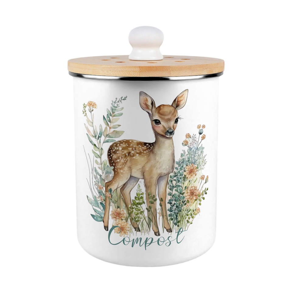 image 1 of Floral Deer Compost Caddy - Metal 2L Decorative Kitchen Food Waste Bin