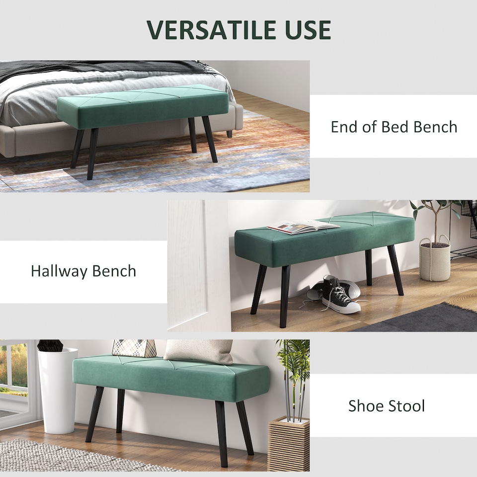 image 1 of HOMCOM End of Bed Bench, Upholstered Hallway Bedroom with Steel Legs, Green