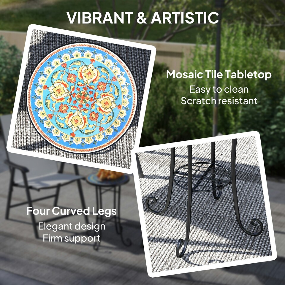 image 1 of Outsunny 35.5cm Round Mosaic Garden Side Table Plant Stand w/ Shelf Blue | Blue