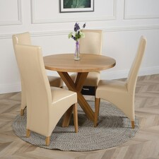 Oregon Round Oak Dining Table with Lola Leather Chairs Cream