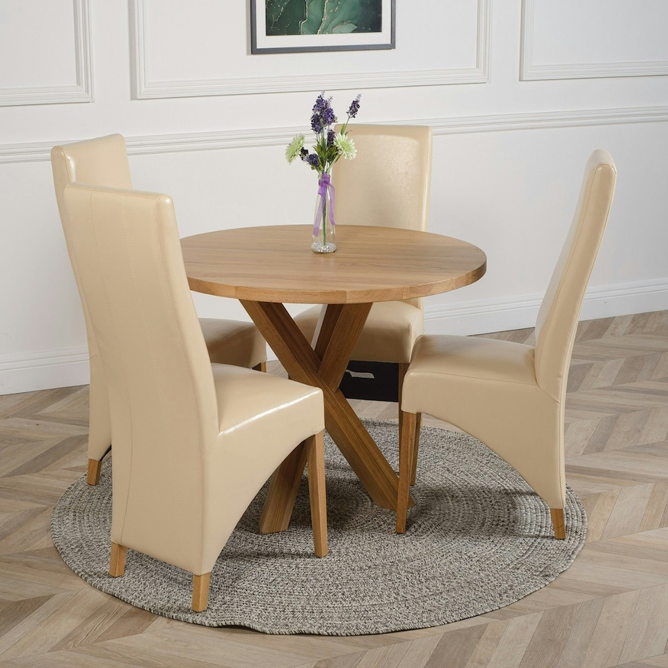 image 1 of Oregon Round Oak Dining Table with Lola Leather Chairs Cream