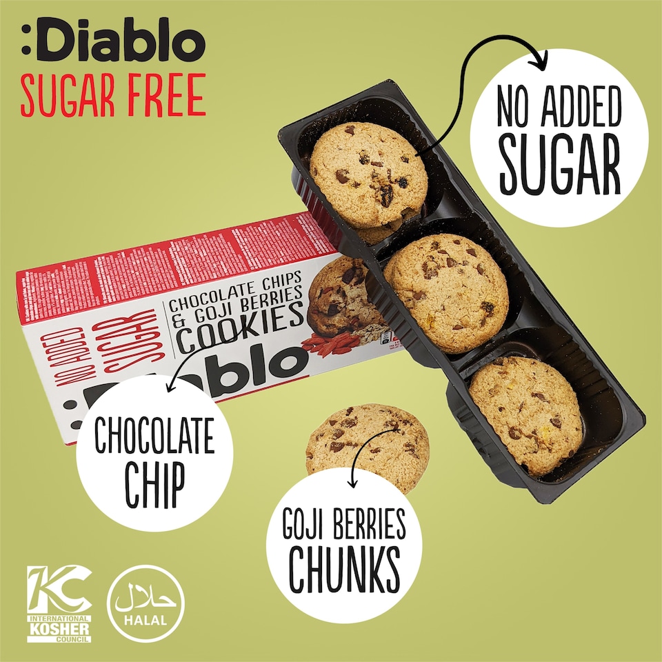 image 1 of Diablo No Added Sugar Chocolate Chip and Goji Berry Cookies 135g 3 Pack