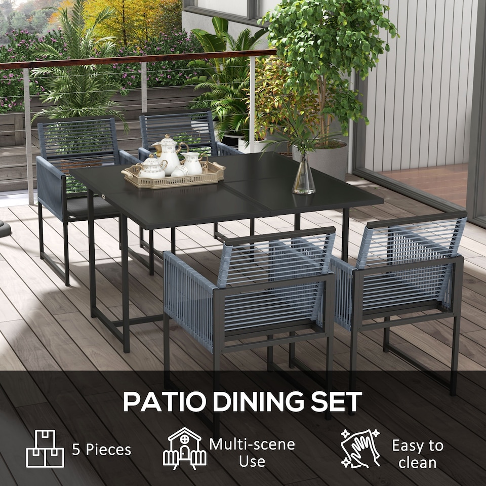 image 1 of Outsunny 5 Pieces Garden Dining Set, Outdoor Patio Cube Set, 4 Seater Outdoor Table and Chairs with Foldable Backrest, Tempered Glass Top, Handwoven Rope for Poolside, Space Saving, Dark Grey