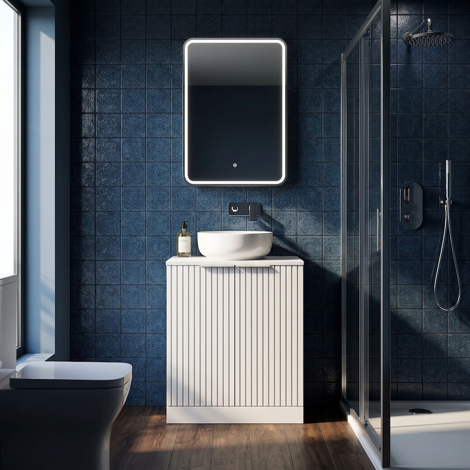 image 1 of Callingwood Contemporary Floor Standing 2 Door Vanity Unit with Laminate Worktop , 600mm, Matt White