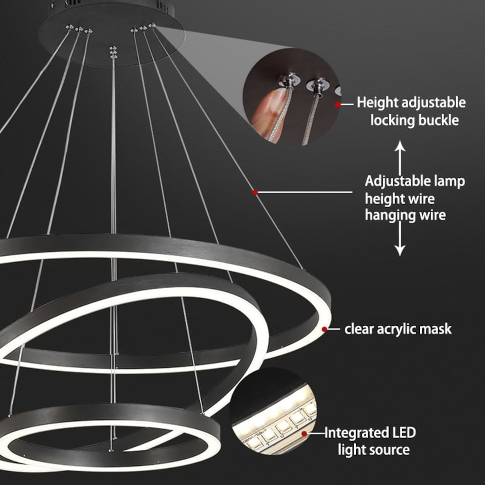 image 1 of Living and Home Modern 3-Ring Aluminum LED Pendant Light | Black