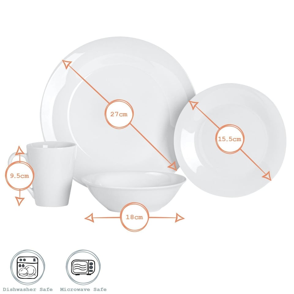 image 1 of Argon Tableware 16 Piece Classic White Dinner Set – Porcelain Set with 4 Dinner Plates, 4 Side Plates, 4 Bowls & 4 Mugs Microwave & Dishwasher Safe