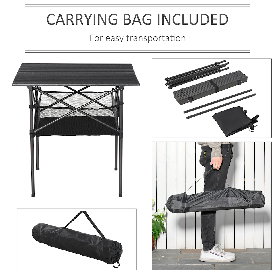 image 1 of Outsunny 70cm Aluminum Roll Top Table w Mesh Bag Camping Outdoor Dining Foldable w Steel Frame Picnic Lightweight Hiking Furniture Desk, Black