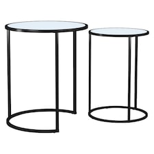 2 Piece Round Nesting Side Tables Set Tempered Glass Top Metal Leg Coffee Tables | Multi | Black Legs White Glass