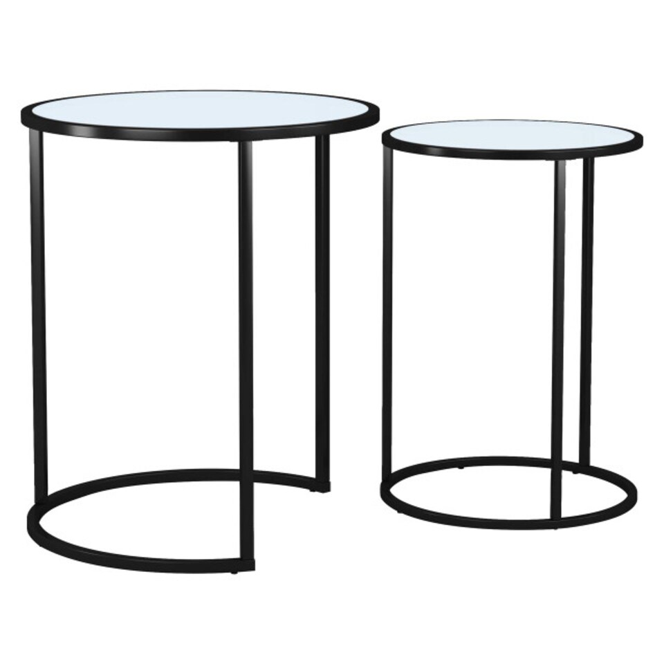 image 1 of 2 Piece Round Nesting Side Tables Set Tempered Glass Top Metal Leg Coffee Tables | Multi | Black Legs White Glass