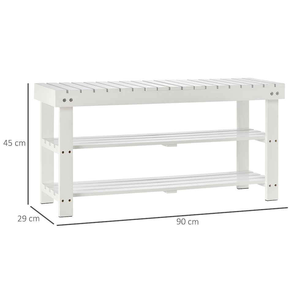 image 1 of HOMCOM Shoe Bench, 3-Tier Wooden Shoe Rack with Hidden Storage Compartment, Slatted Shelves, Home Storage Unit, Hallway Furniture, White, 90L x 29W x45H cm | White | White