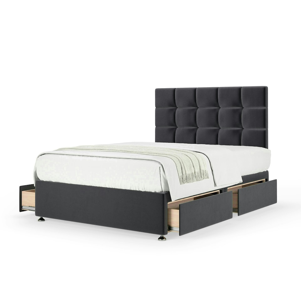 image 1 of Neptune Spring Graphite Plush Velvet 4 Drawer Divan Set And Pearl Headboard Double
