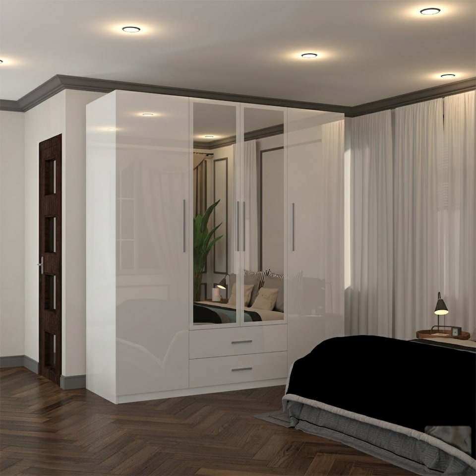 image 1 of Sliding Wardrobes 4U High Gloss Wardrobe Range with Mirror and Silver Handles - 2 3 or 4 Door Sizes White Black or Grey Finish | White | White 160cm