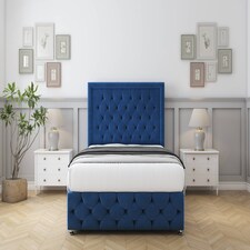 Sloomy Vienna Navy Plush Divan Bed With Mattress 2 Drawers Left Side With 26" Strutted Headboard & 12" Matching Footboard 3' Single | Blue | Navy | Single | 1