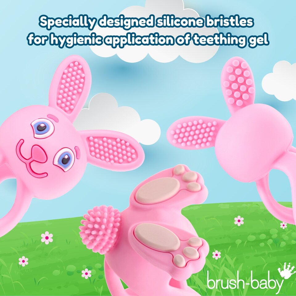 image 1 of Brush Baby Bobbie Bunny Baby Teether Toy Rose Pink | Twist & Bounce Teething Toy