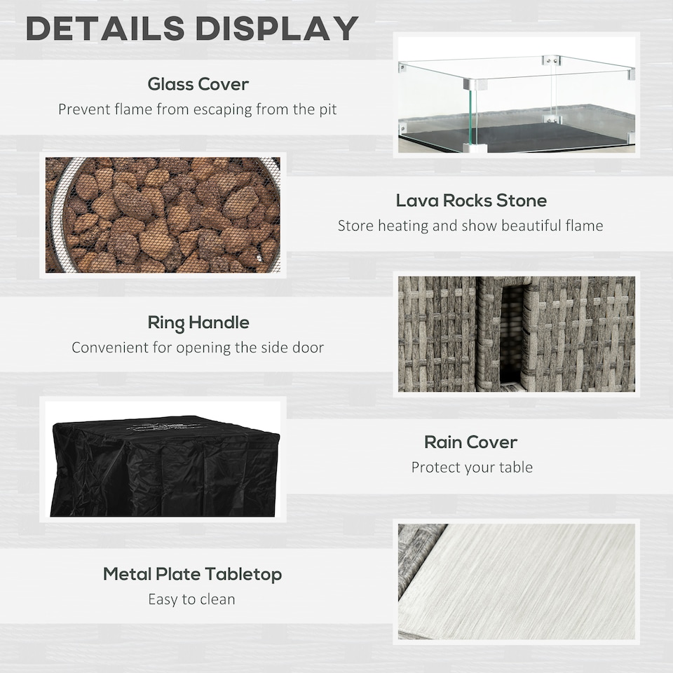 image 1 of Outsunny Outdoor PE Rattan Gas Fire Pit Table, Patio Square Propane Heater with Rain Cover, Glass Windscreen, and Lava Stone, 50,000 BTU, Grey