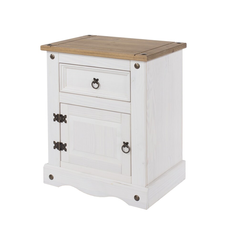 image 1 of Corona Premium Bedside Cabinet - Mexican Pine Design with Dovetail Drawer and Metal Hardware | White | White Wax | One Size | 1