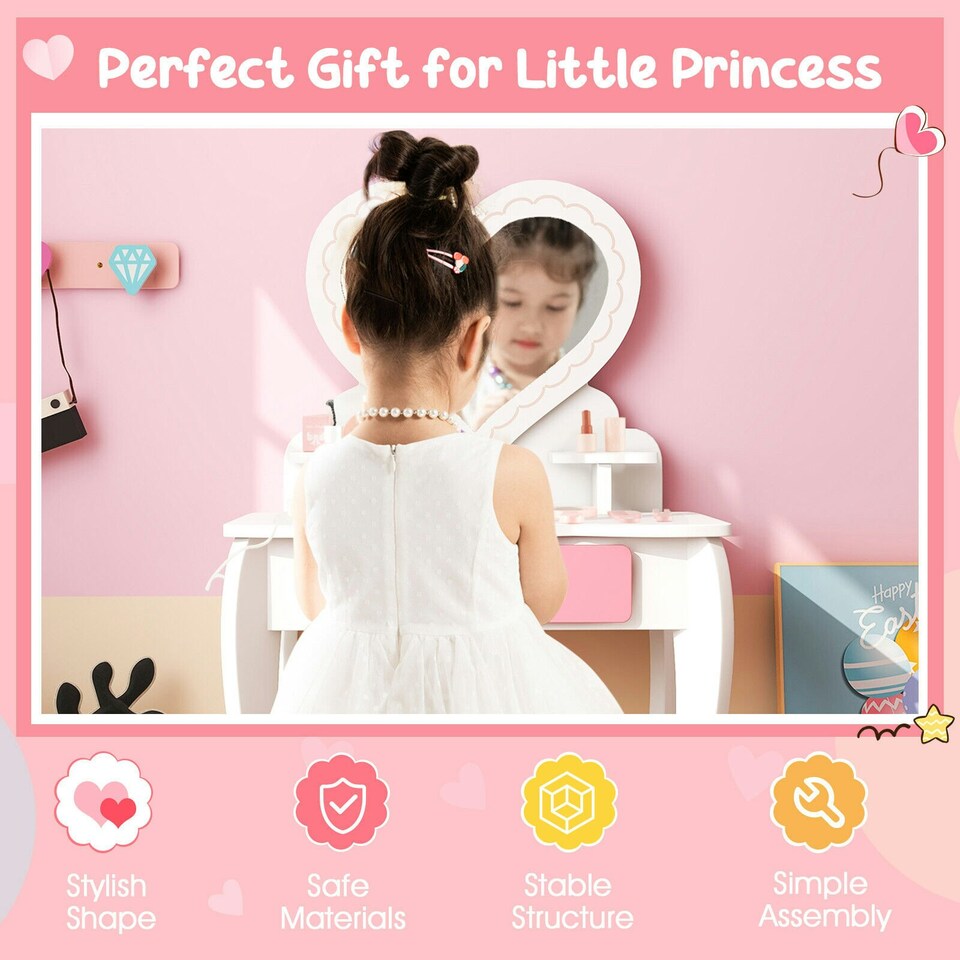 image 1 of COSTWAY 2-in-1 Kids Vanity Set Makeup Table & Chair Set