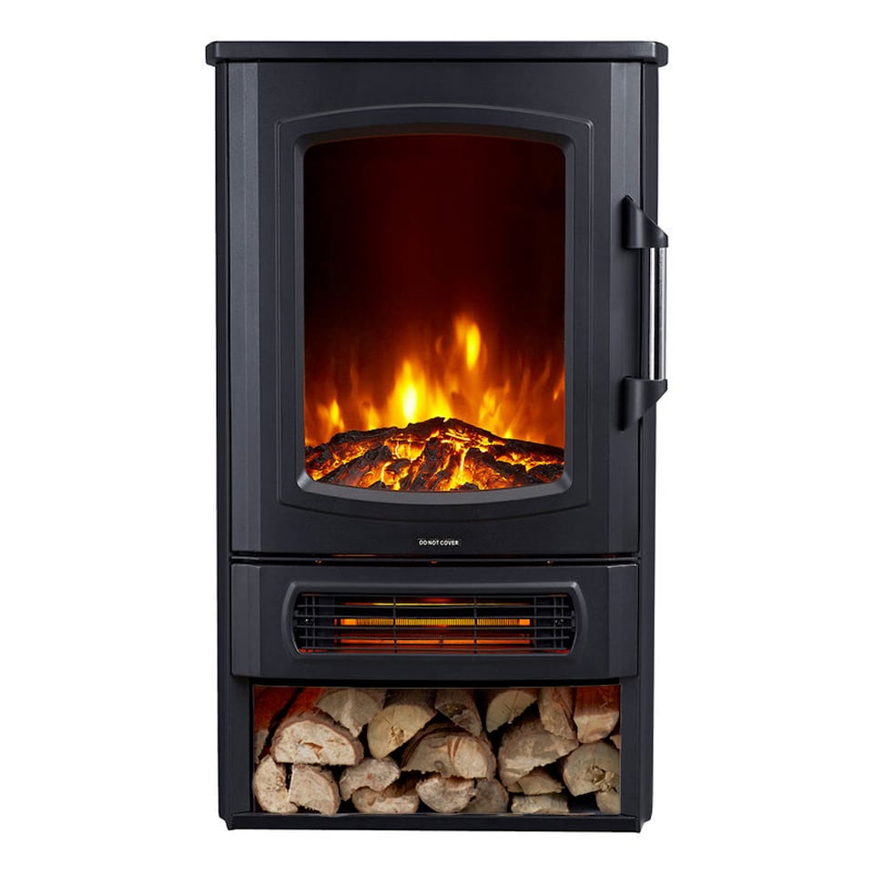 image 1 of Neo 1000W / 2000W Freestanding Electric Fire Stove Heater Burner Realistic Flame and Log Store | Black