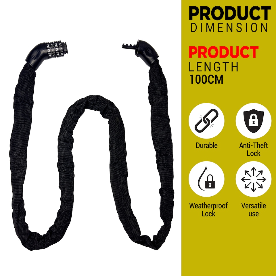 image 1 of Bike Heavy-Duty Chain Lock with 4-Digit Resettable Combination - 8mm x 1m