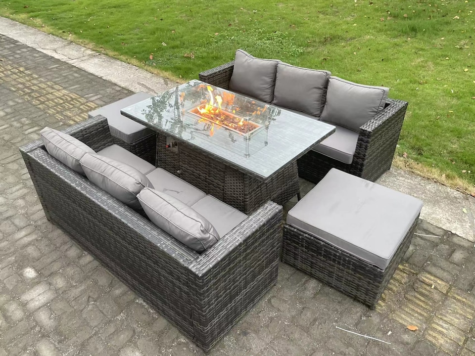 image 1 of Fimous 8 Seater Outdoor Rattan Garden Furniture Sofa Set Gas Fire Pit Dining Table Gas Heater Burner With 3 Seater Sofa 2 Big Footstools Dark Grey Mixed