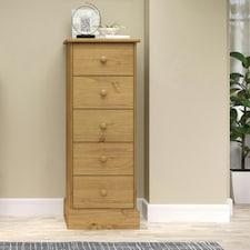 Cotswold 5 Drawer Narrow Chest of Drawers - Antique Waxed Pine Bedroom Storage with Turned Handles | Brown | Brown | 1