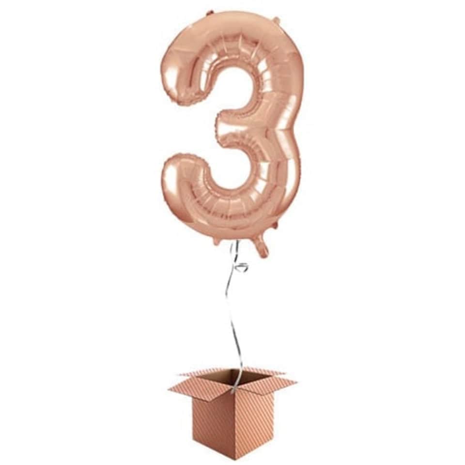 Rose Gold Number 3 Helium Foil Giant Balloon - Inflated Balloon in a Box