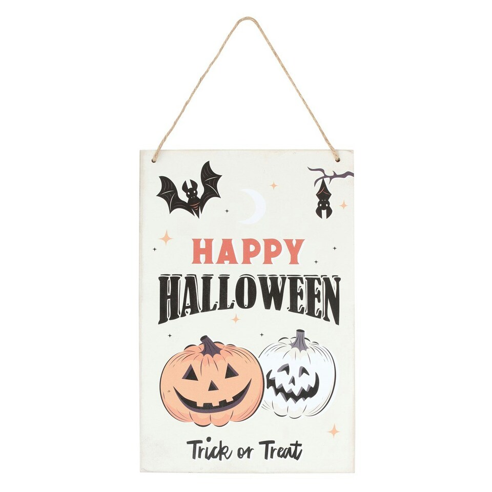 image 1 of Something Different Happy Halloween Spooky Pumpkin Hanging Sign - White/Black/Orange - One Size