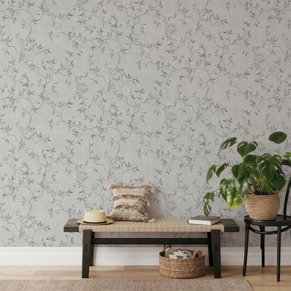 image 1 of Muriva Darcy James Collection Japandi Leaf Textured Wallpaper - Grey - 10m x 0.5m Grey