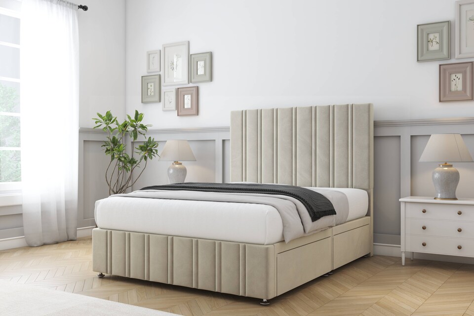 image 1 of Sloomy Langston Cream Plush Divan Bed Base 4 Drawers With 54 Inch Floor Standing Headboard & 12 Inch Matching Footboard | Cream | Cream | Super King | 1