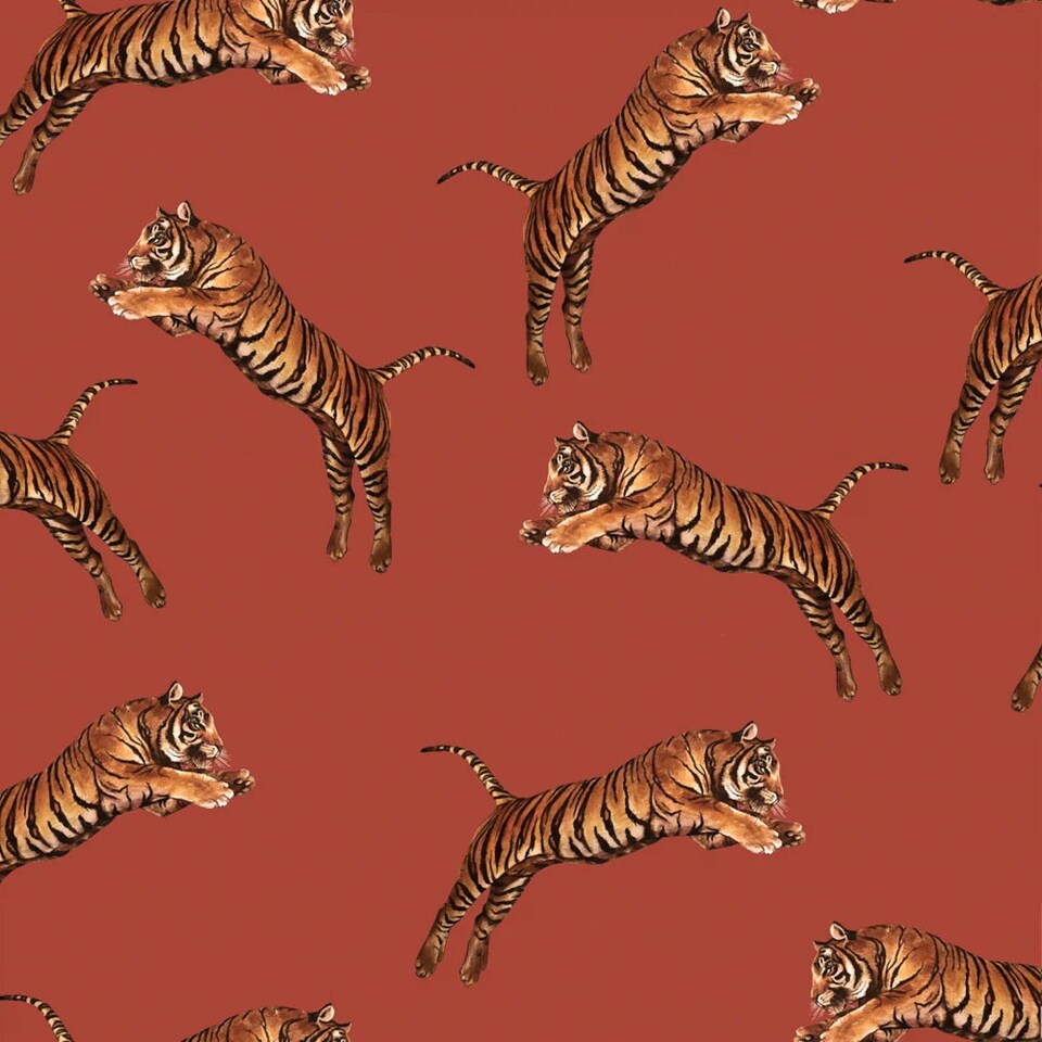 Sample of Pouncing Tigers Wallpaper in Red | Red | Red