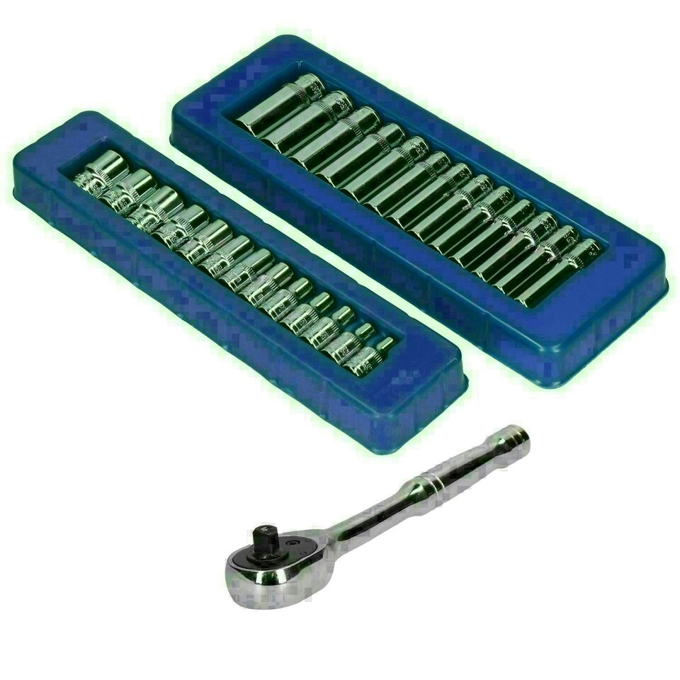 image 1 of 1/4" Drive Metric Shallow + Deep 6 Sided Sockets 4 - 14mm + 72 Teeth Ratchet