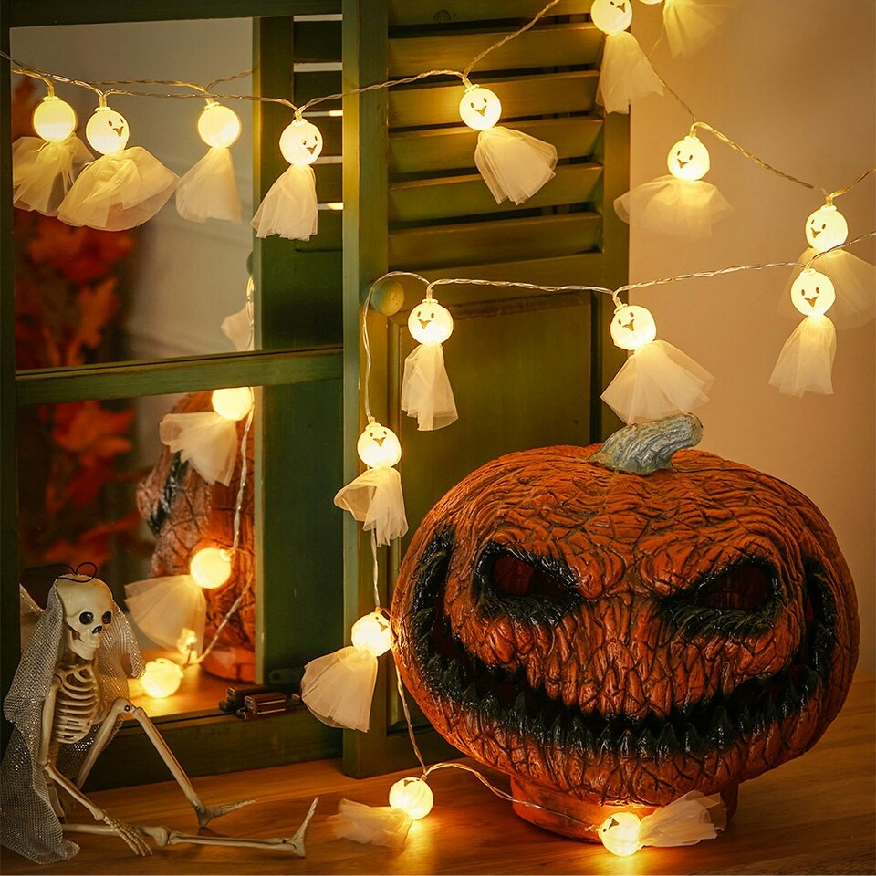 image 1 of Living and Home Halloween 20 LED Ghost Skull Face String Lights