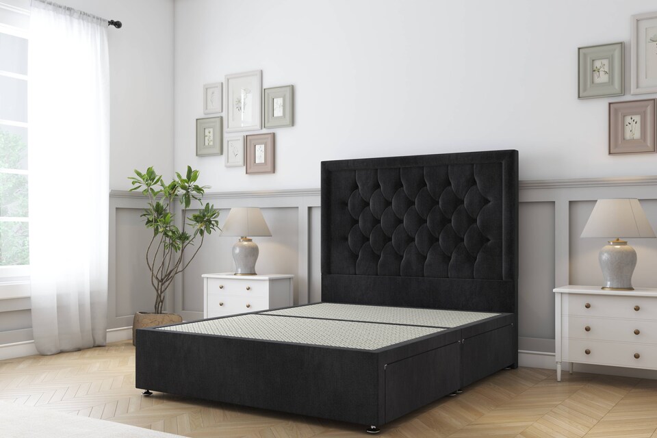 image 1 of Sloomy Montana Black Naples Divan Bed Base No Drawers With 54 Inch Floor Standing Headboard | Black | Black | Small Double | 1