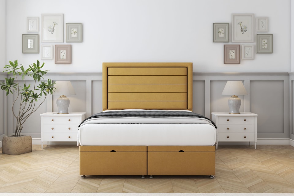 image 1 of Sloomy Ashford Mustard Plush Ottoman Bed With Mattress With 26" Strutted Headboard 2'6 Small Single